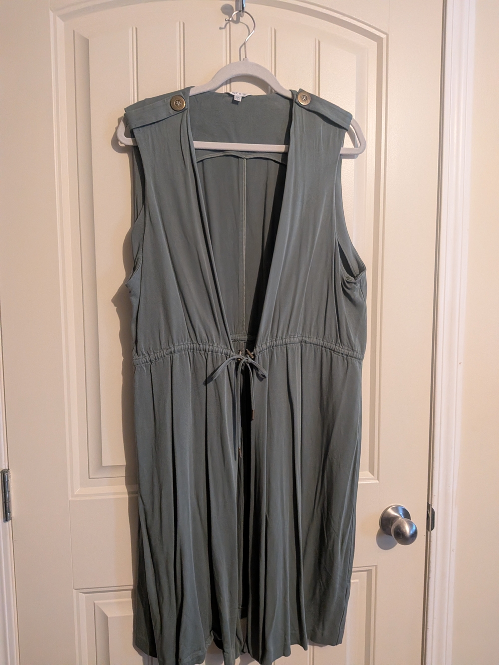 NWOT Sleeveless Olive Green Long Vest with Drawstring Waist Closure